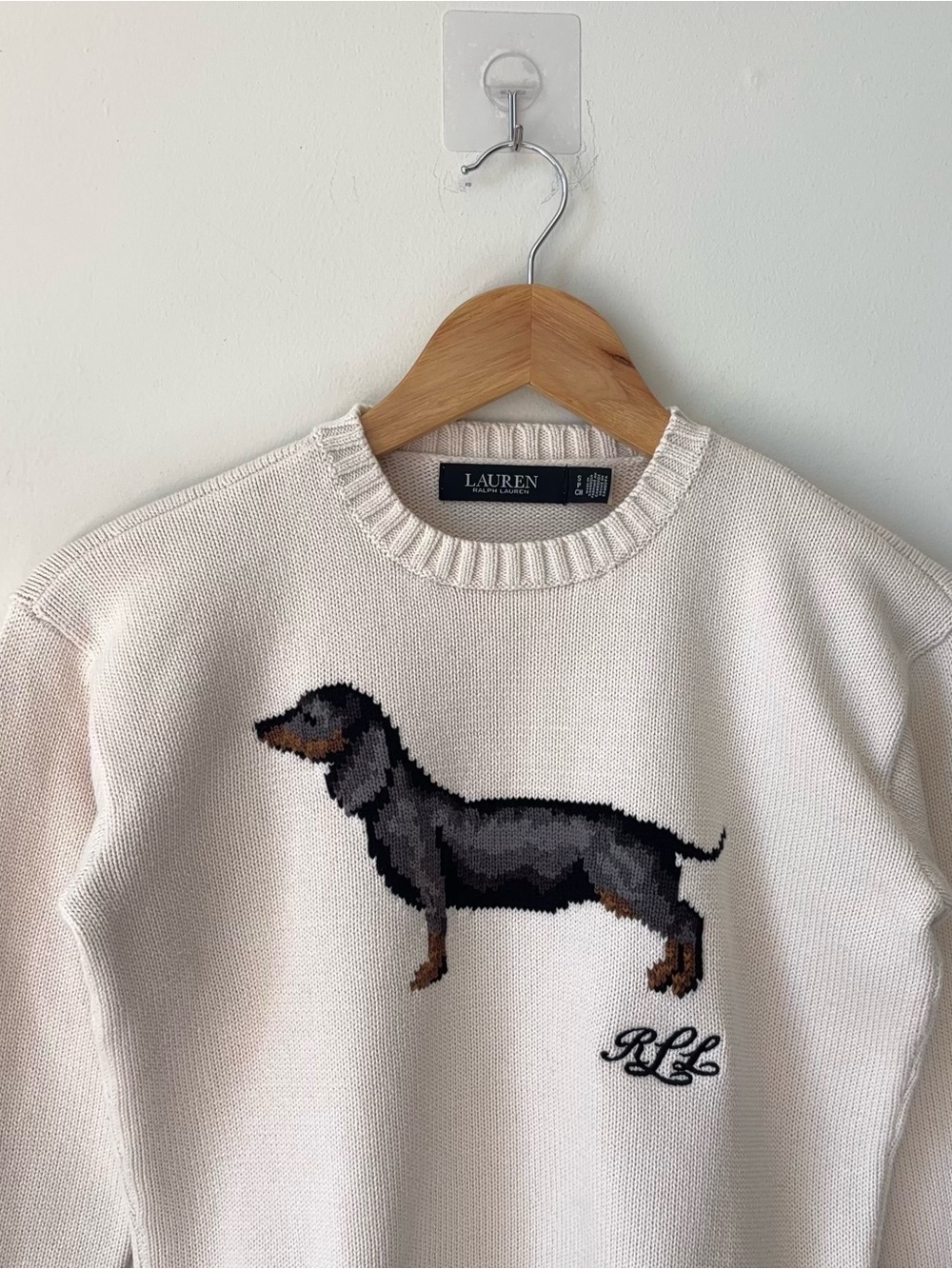 Lauren Ralph Lauren Intarsia Knit Dachshund Dog Cotton Sweater Size S Cream - Picture 2 of 12